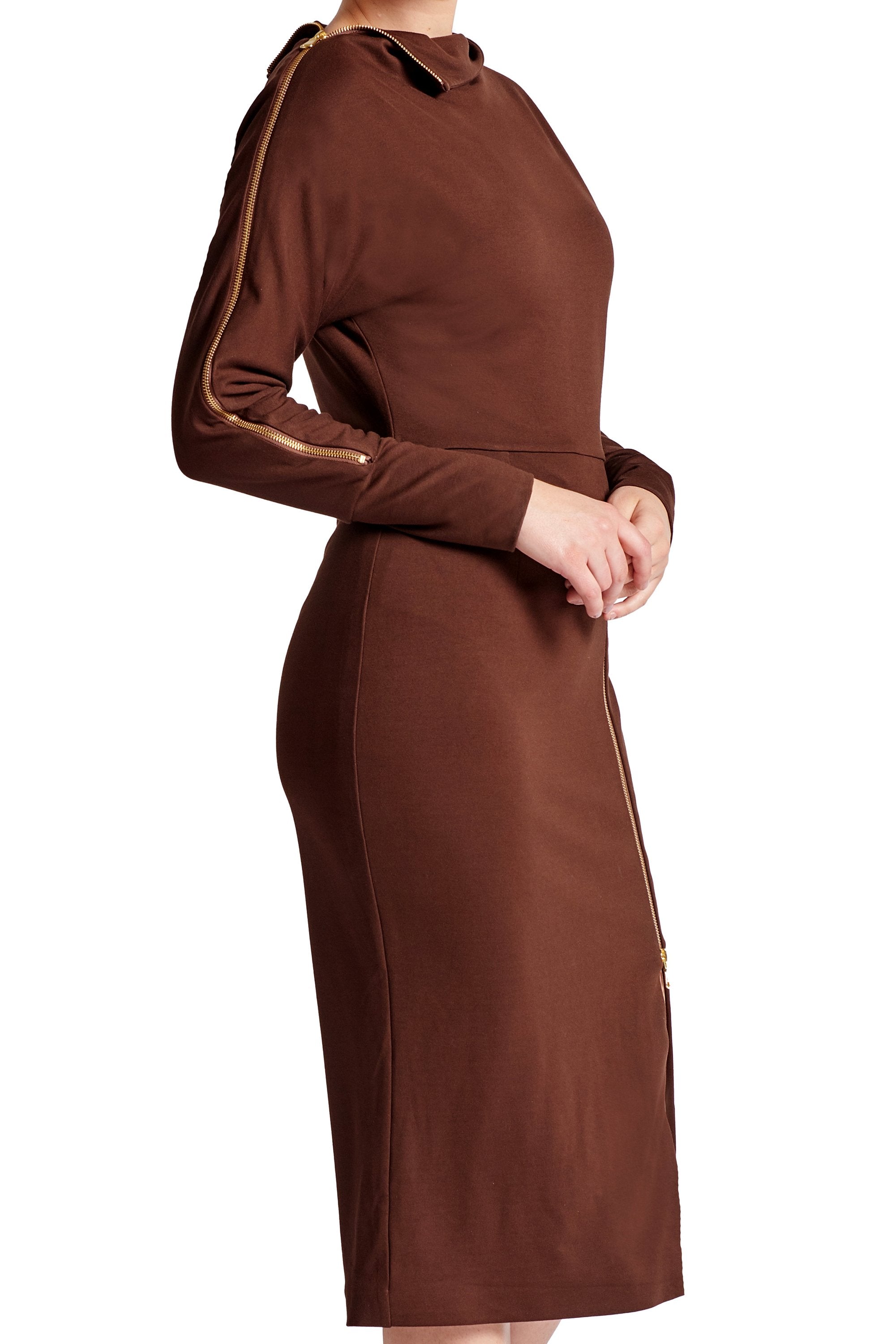 Peach Dionysus Josefa asymmetric brown long sleeve convertible midi dress shown from a side close-up.