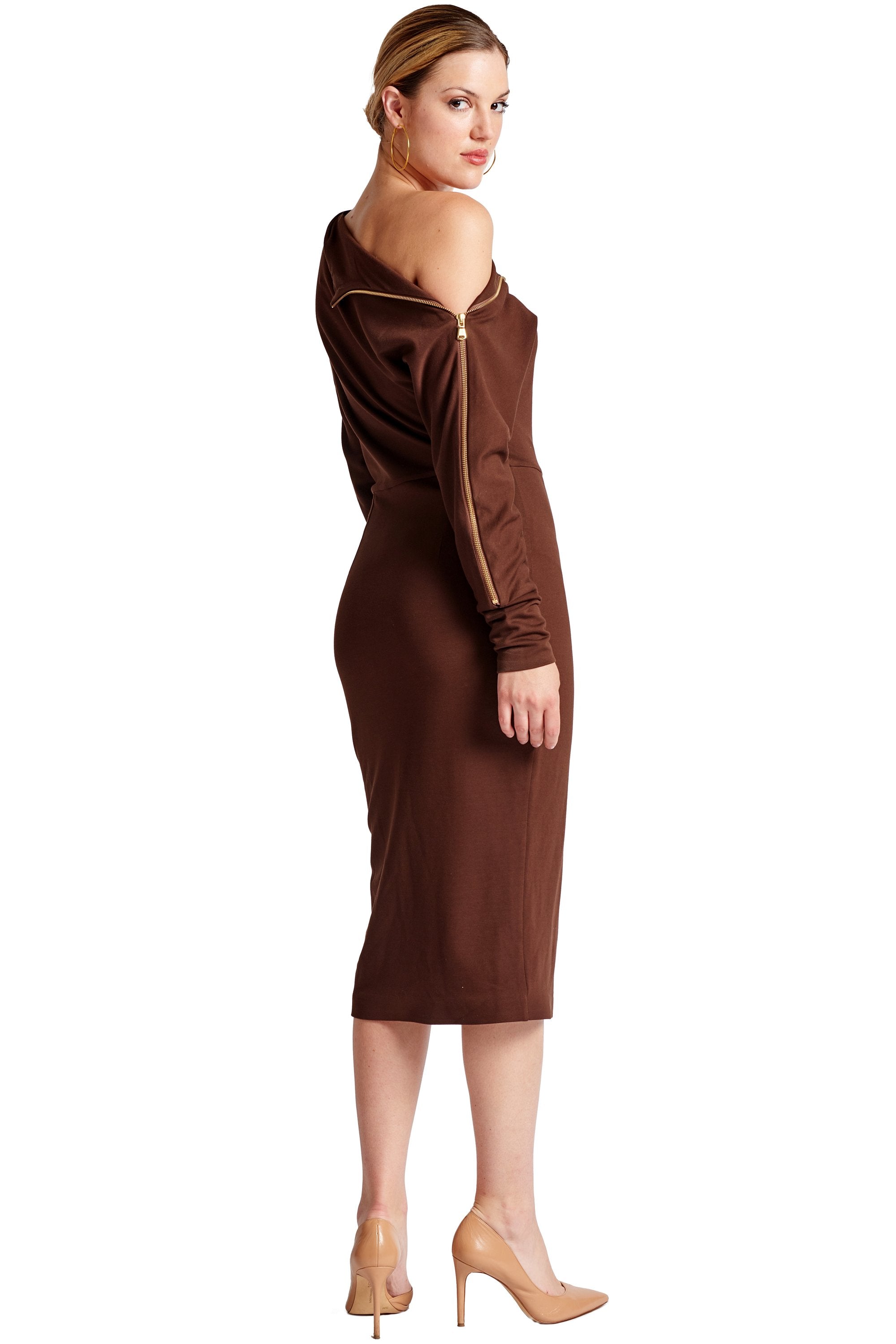Peach Dionysus Josefa asymmetric long sleeve convertible midi dress, shown from the back, elegant and flowing in a natural fabric.