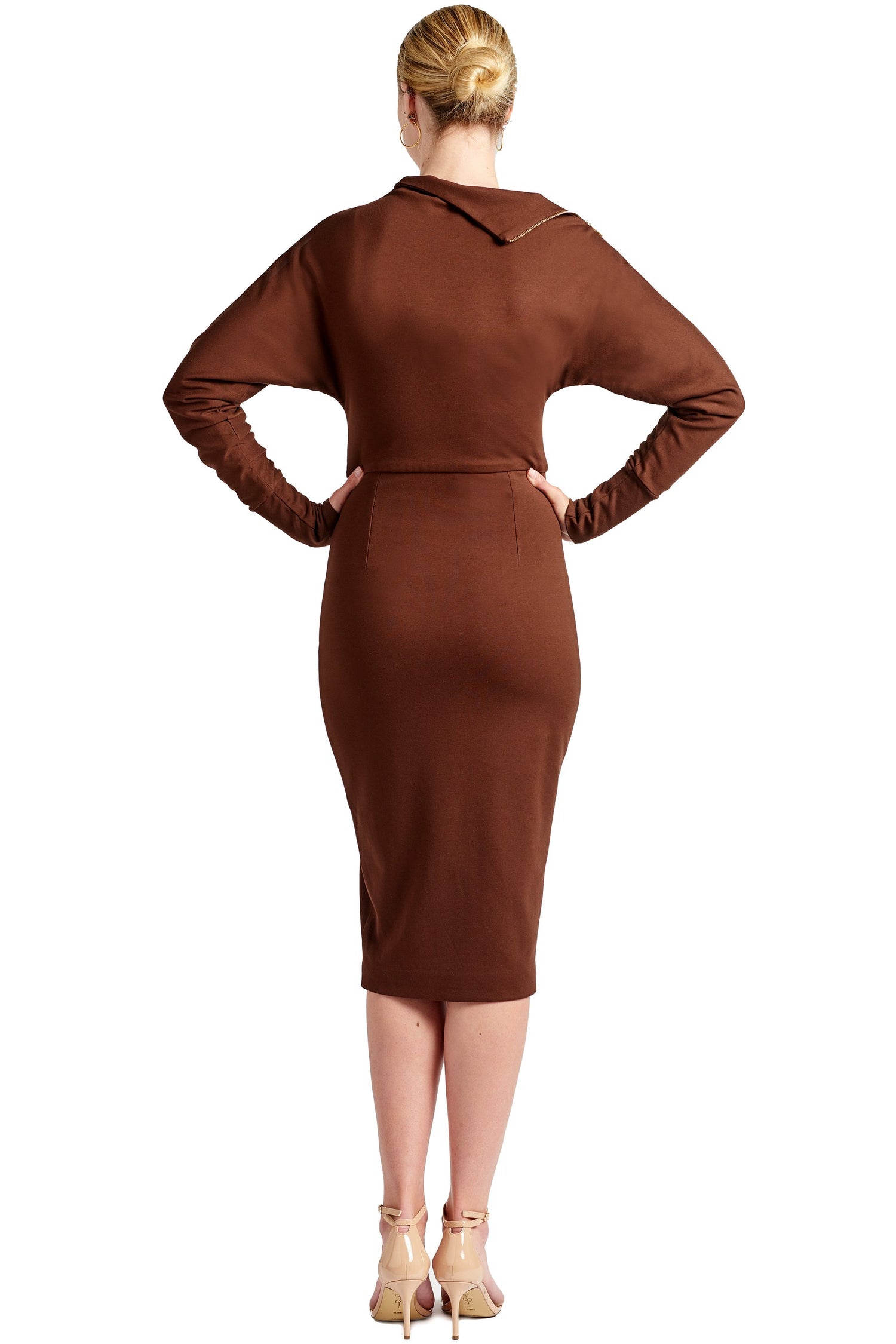 Brown Josefa asymmetric long sleeve convertible midi dress by Peach Dionysus, shown from the back.