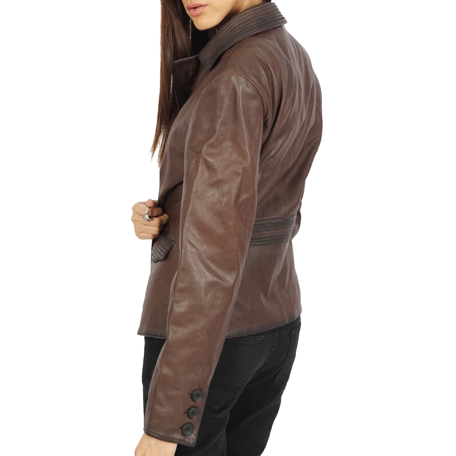 Brown leather Josie blazer by Azure Metis, stylish jacket with tailored fit and classic design, shown on a model.