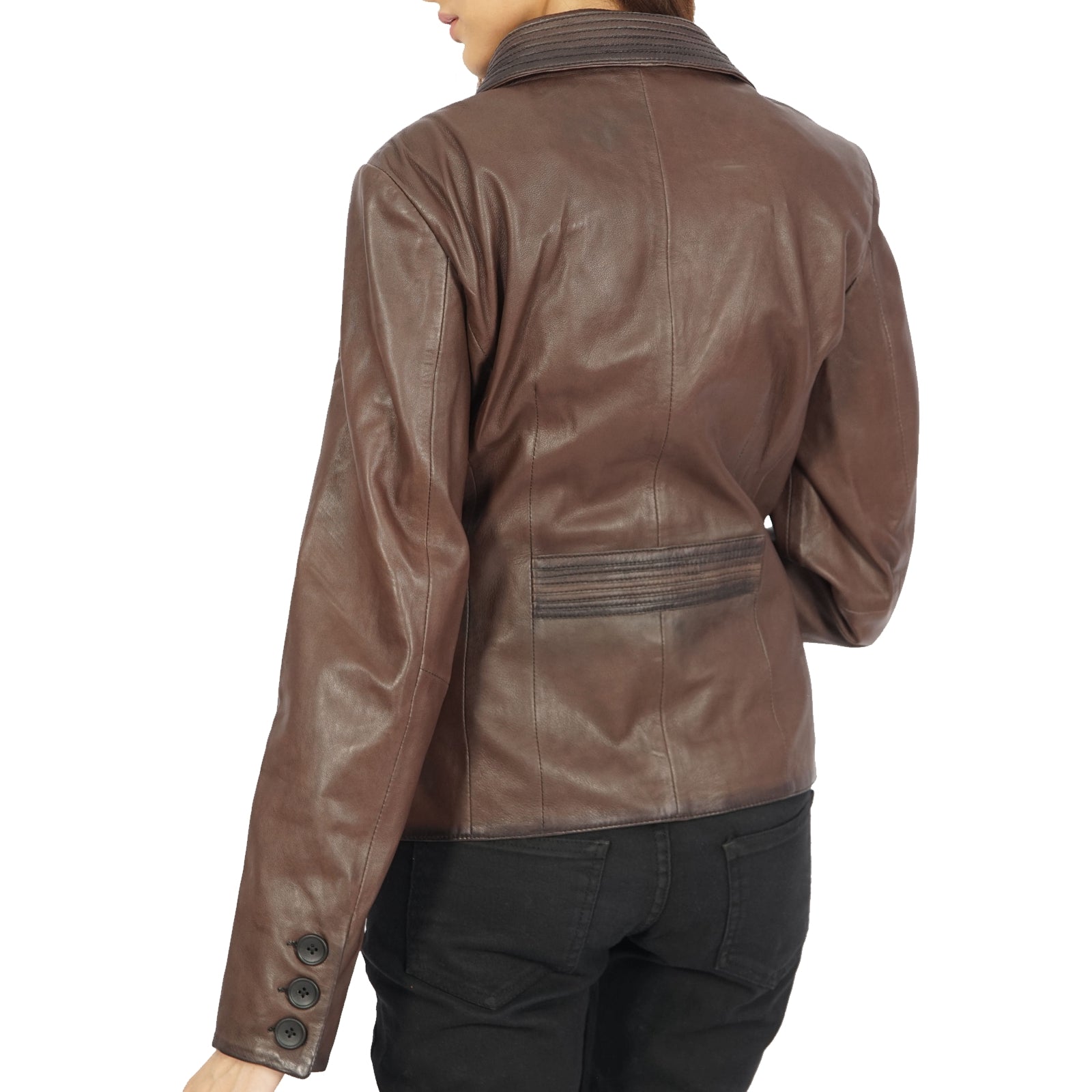 Brown leather Josie blazer by Azure Metis, stylish jackets and coats with tailored fit and classic design.