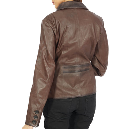 Brown leather Josie blazer by Azure Metis, stylish jackets and coats with tailored fit and classic design.