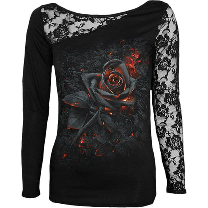 Black Jasper burnt rose lace one-shoulder top in black with delicate lace detail, stylish blouse for casual or dressy wear.