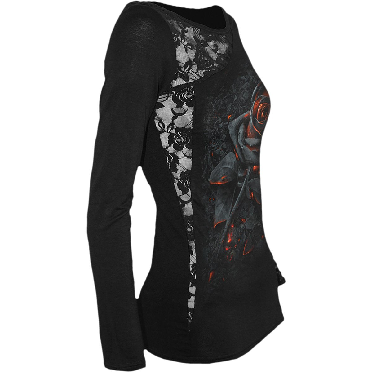 Black Jasper burnt rose lace one-shoulder top in black, featuring delicate lace details and a stylish off-shoulder design.