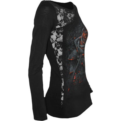 Black Jasper burnt rose lace one-shoulder top in black, featuring delicate lace details and a stylish off-shoulder design.