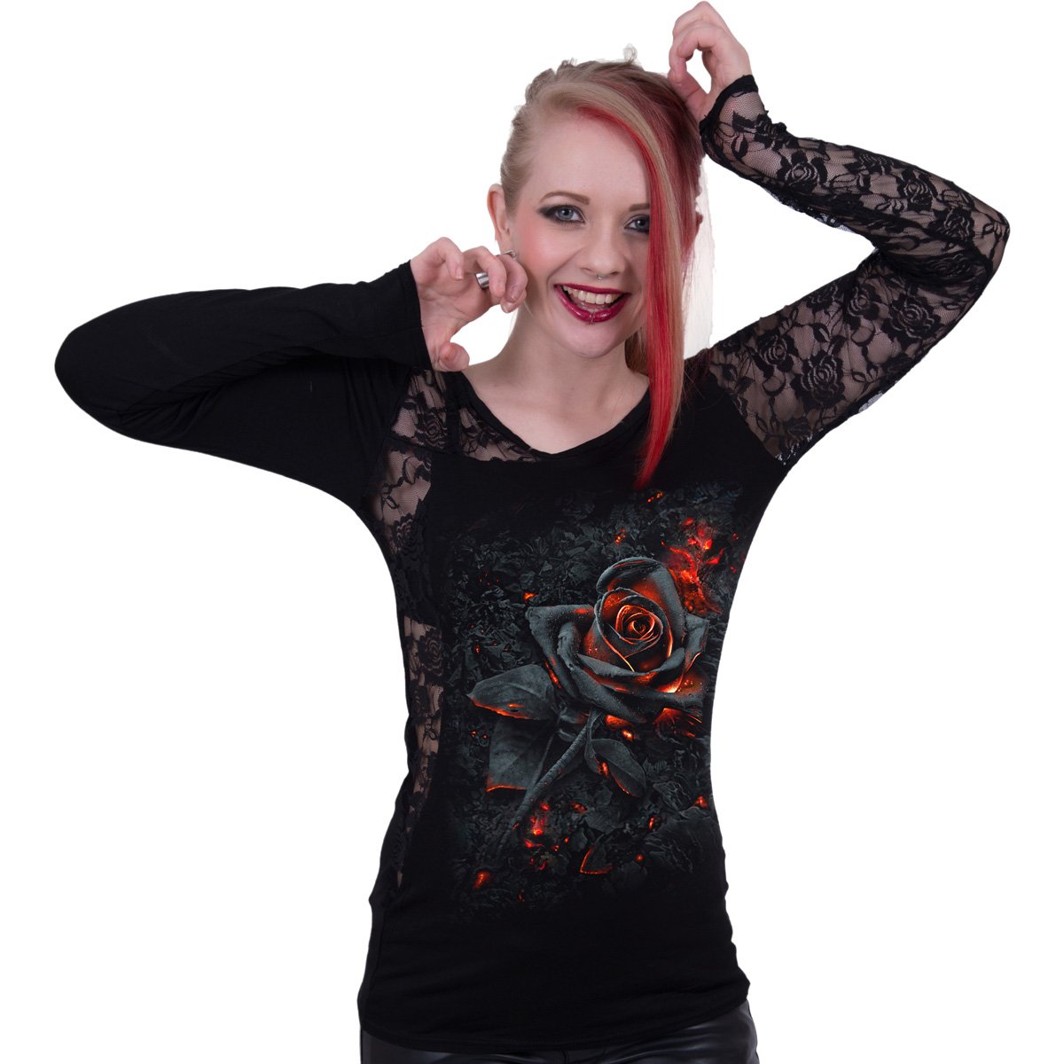 Burnt rose lace one-shoulder top by Black Jasper, black blouse with delicate lace details and asymmetrical neckline.