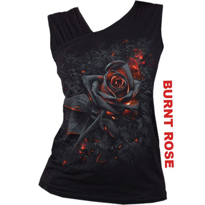 Black Jasper burnt rose gathered shoulder slant vest in black, featuring a stylish design and relaxed fit.