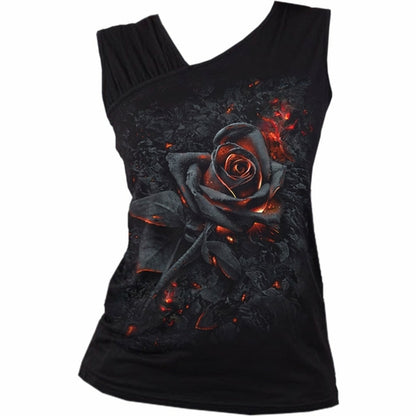 Black Jasper Burnt Rose gathered shoulder slant vest in black, featuring a stylish design with a gathered shoulder detail.