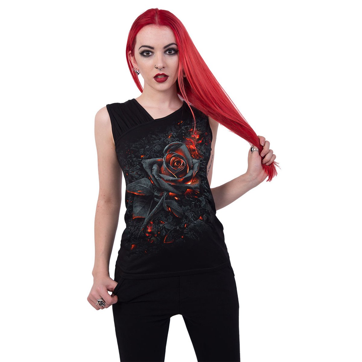 Black Jasper burnt rose gathered shoulder slant vest in black, featuring a stylish draped design and gathered shoulder details.
