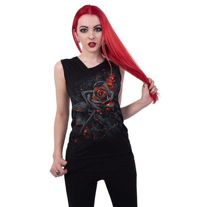 Black Jasper burnt rose gathered shoulder slant vest in black, featuring a stylish draped design and gathered shoulder details.