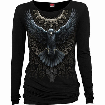 Black Jasper Raven Skull baggy top in black fashion accessory with a bold raven skull design on the front.