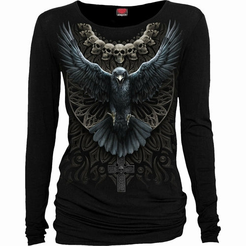 Black Jasper Raven Skull baggy top in black, featuring a graphic raven skull design, casual fashion accessory for edgy style.
