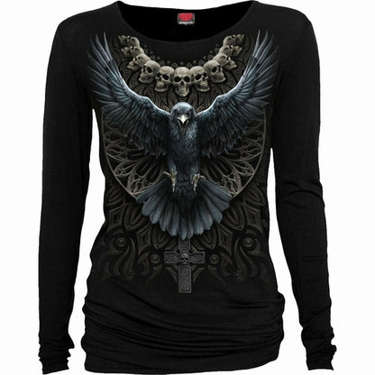 Black Jasper Raven Skull baggy top in black, featuring a graphic raven skull design, casual fashion accessory for edgy style.