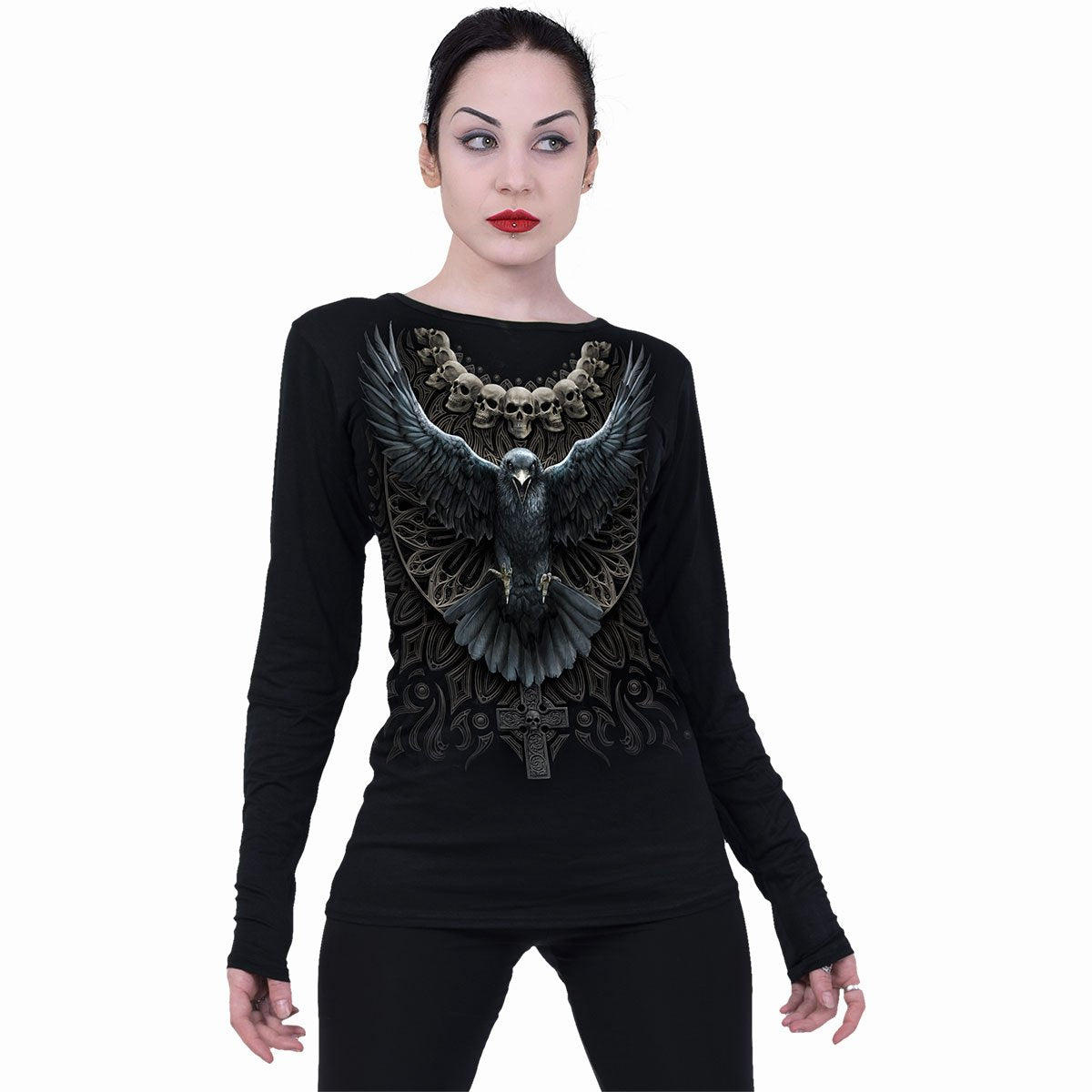Black Jasper Raven Skull baggy top in black with bold graphic design, showcasing a gothic fashion accessory.