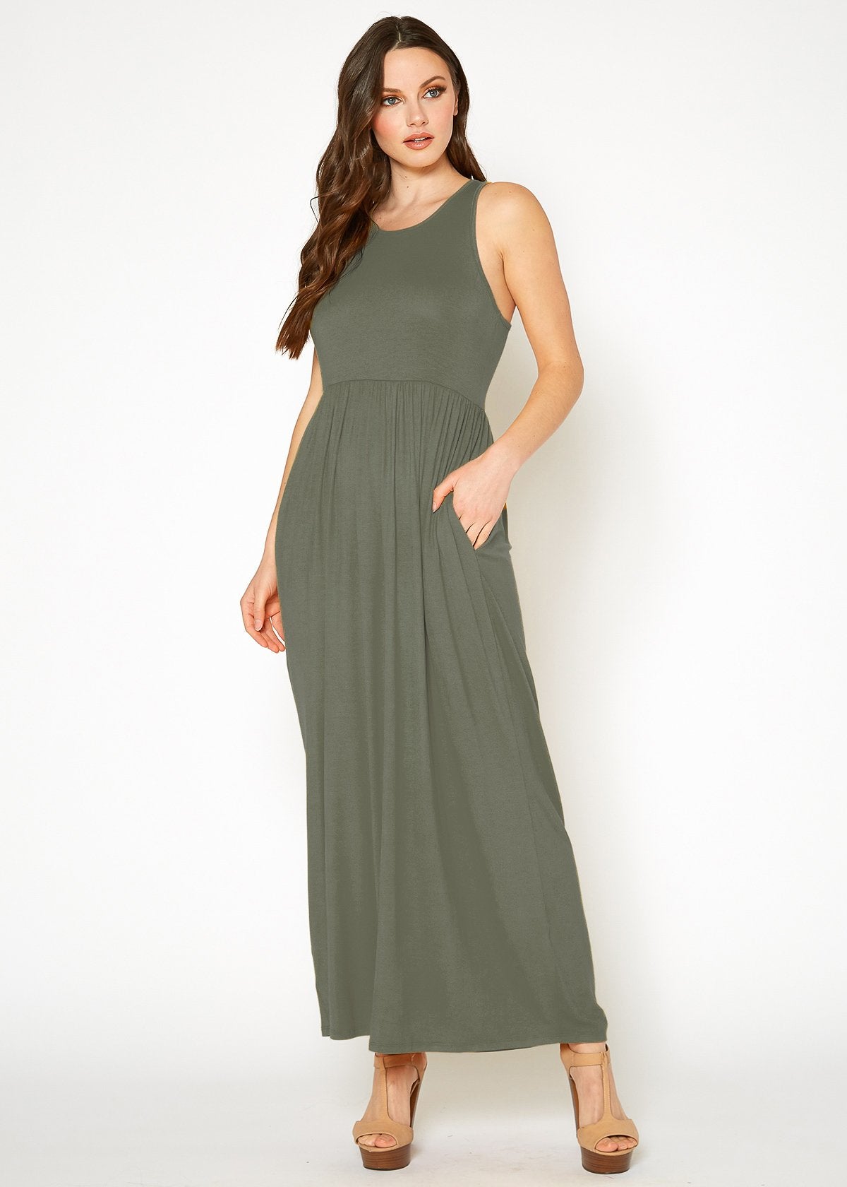 Women’s sleeveless pleated maxi dress by Lemon Hera in olive green, flowing fabric with a relaxed fit and elegant design.