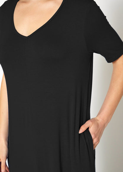 Black V-neck short sleeve maxi dress with pockets for women by Lemon Hera, featuring a flowing silhouette and comfortable fit.