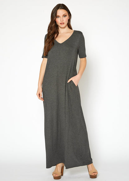 Charcoal V-neck short sleeve maxi dress with pockets by Lemon Hera, featuring a relaxed fit and elegant style for women.