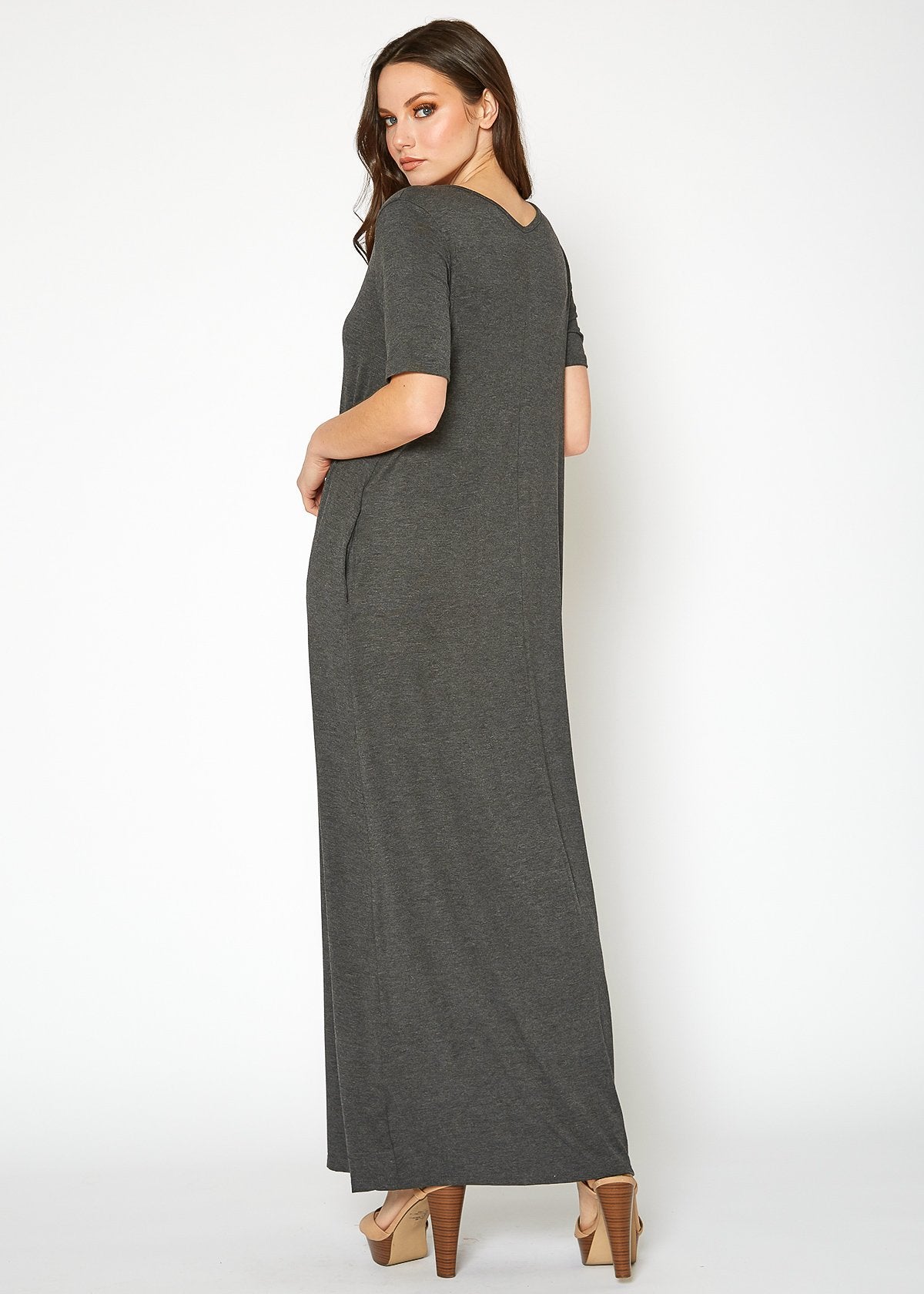 Charcoal V-neck short sleeve maxi dress with pockets from Lemon Hera, a stylish women&