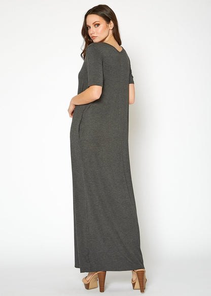 Charcoal V-neck short sleeve maxi dress with pockets from Lemon Hera, a stylish women&