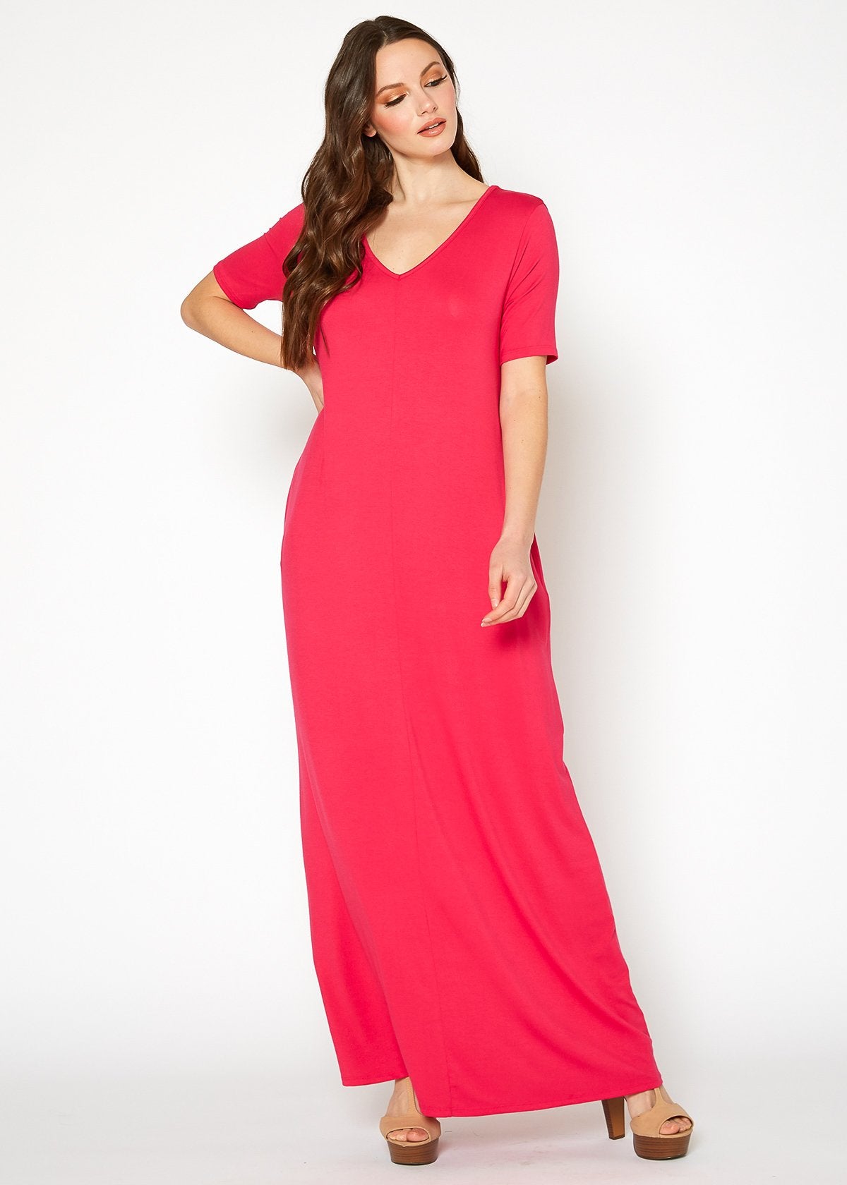 Pink V-neck short sleeve maxi dress with pockets from Lemon Hera, featuring a flowy fabric and a relaxed fit for women.