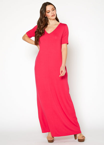 Pink V-neck short sleeve maxi dress with pockets from Lemon Hera, featuring a flowy fabric and a relaxed fit for women.