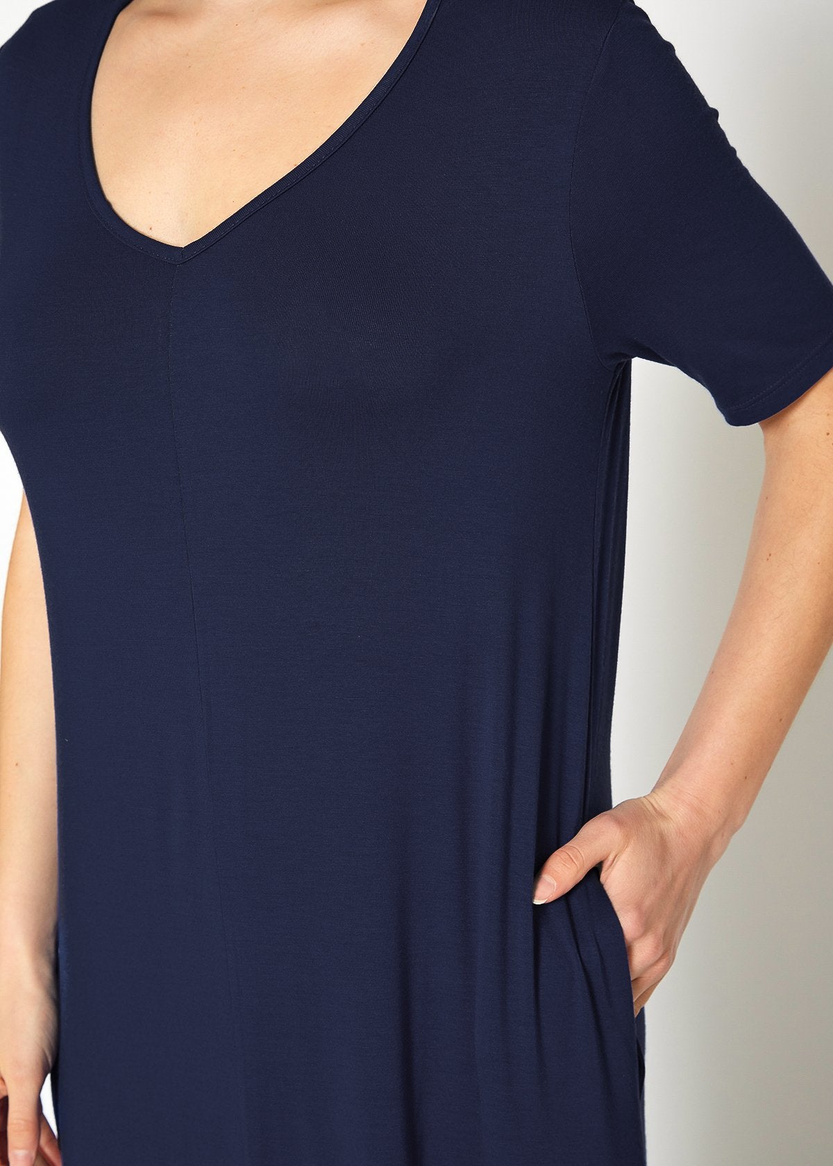 Marine V-neck short sleeve maxi dress with pockets by Lemon Hera, flowing fabric and casual style for women&