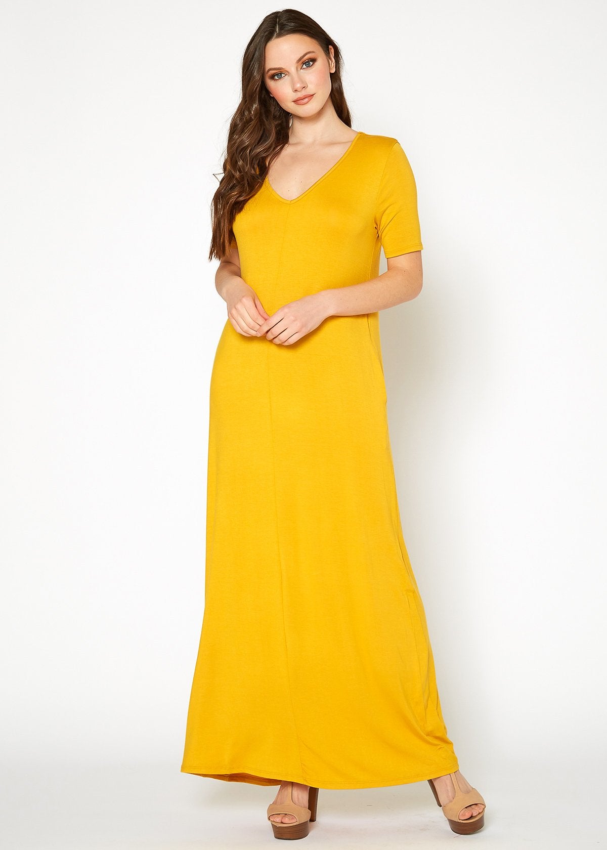 Mustard V-neck short sleeve maxi dress with pockets from Lemon Hera, women&