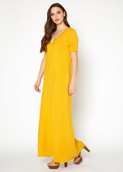 Mustard V-neck short sleeve maxi dress with pockets for women by Lemon Hera, flowing and comfortable for casual wear.