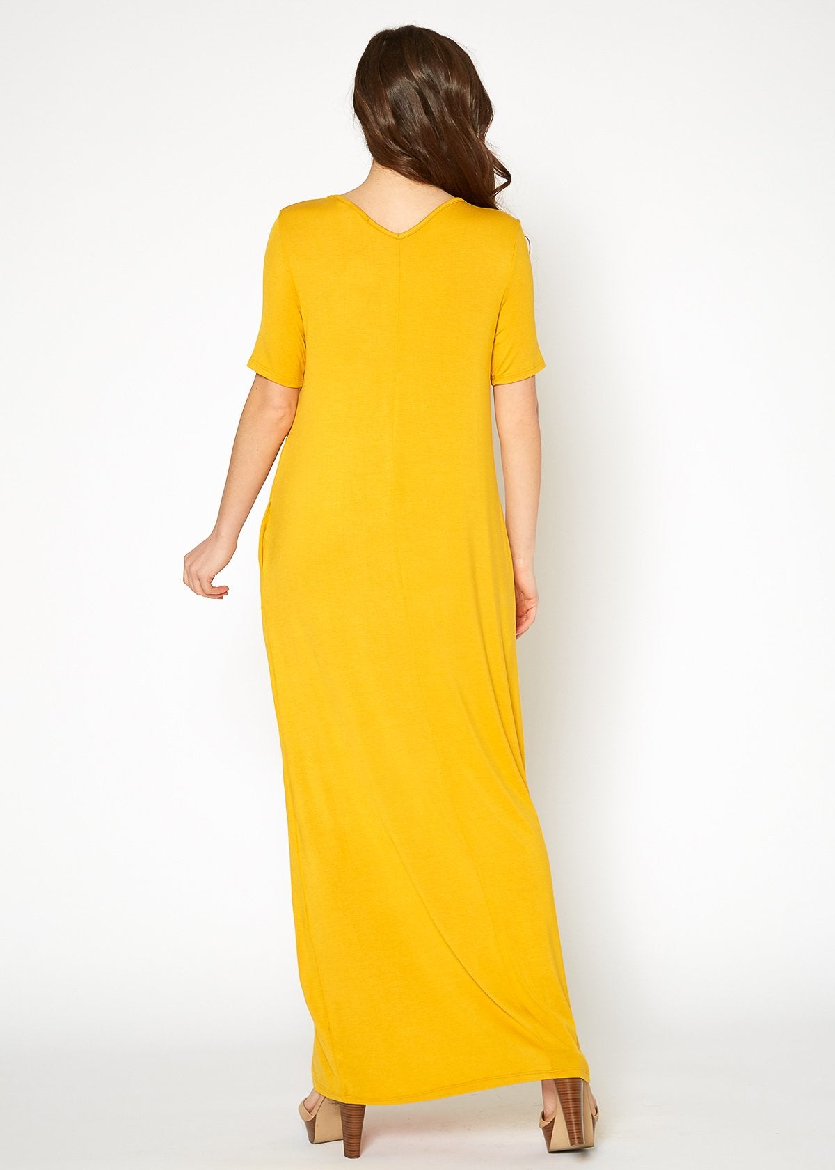 Mustard V-neck short sleeve maxi dress with pockets for women by Lemon Hera, showcasing a flowing design and comfortable fit.