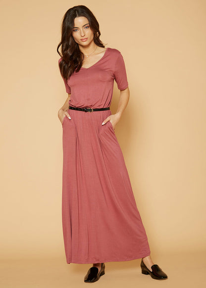 Mauve V-neck short sleeve maxi dress with pockets for women by Lemon Hera, featuring a flowy silhouette and casual style.