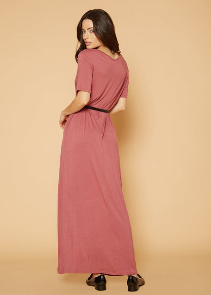 Mauve V-neck short sleeve maxi dress with pockets for women, from Lemon Hera, featuring a flowing silhouette and casual style.