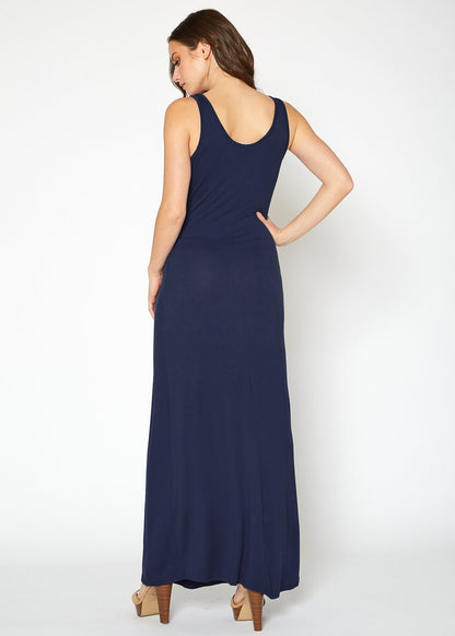 Women’s sleeveless scoop neck maxi dress by Lemon Hera, flowing marine-colored dress with a stylish sleeveless design.