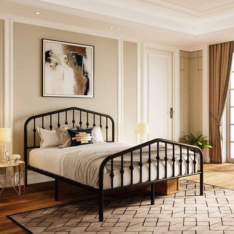 King Farmhouse Spindle Black Metal Platform Bed Frame with Headboard Footboard