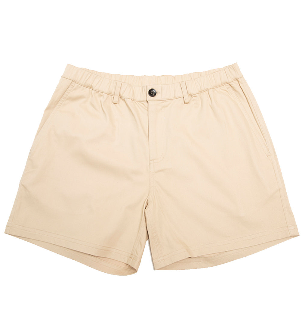 Ruby Tartarus cotton khaki swim shorts with an elastic waistband and side pockets, shown flat on a white background.