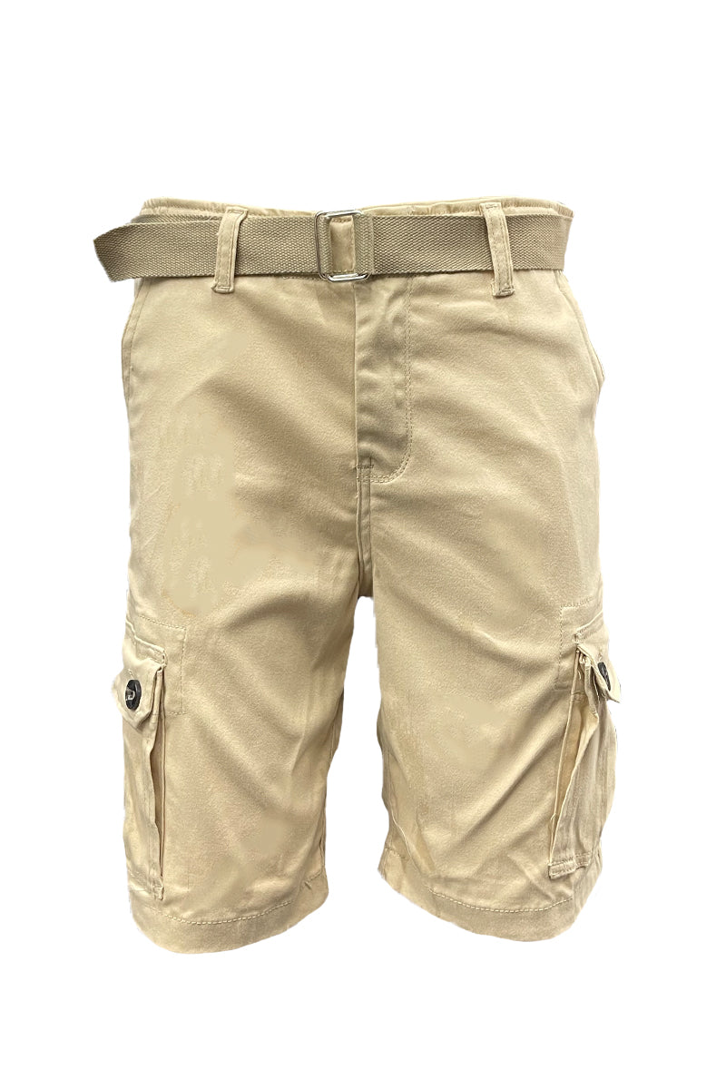 Khaki belted cargo shorts for men by Lime Milo, featuring multiple pockets and a casual fit, suitable for everyday wear.