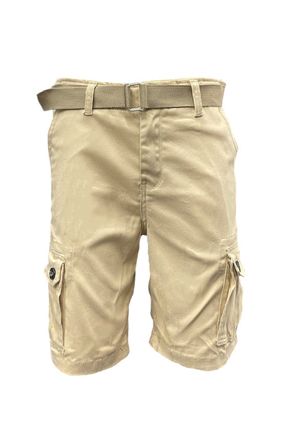 Khaki belted cargo shorts for men by Lime Milo, featuring multiple pockets and a casual fit, suitable for everyday wear.
