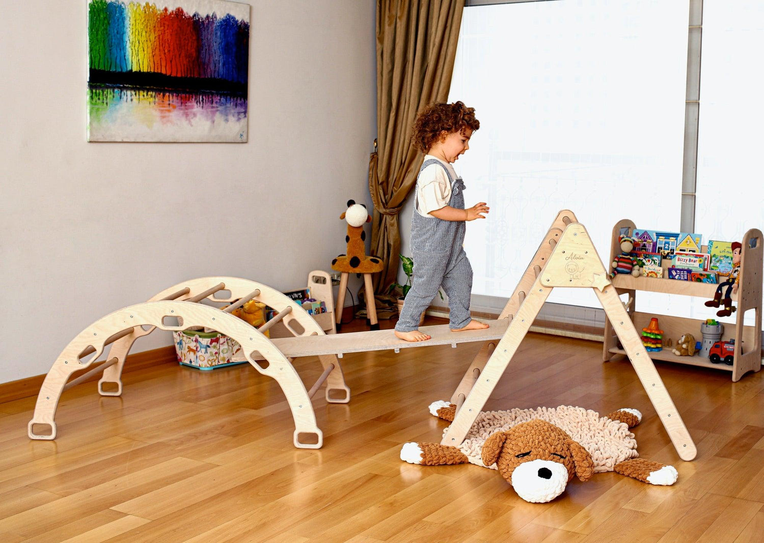 Red Oceanus Montessori climbing set with Pikler triangle, climbing arch, and ramp for children&