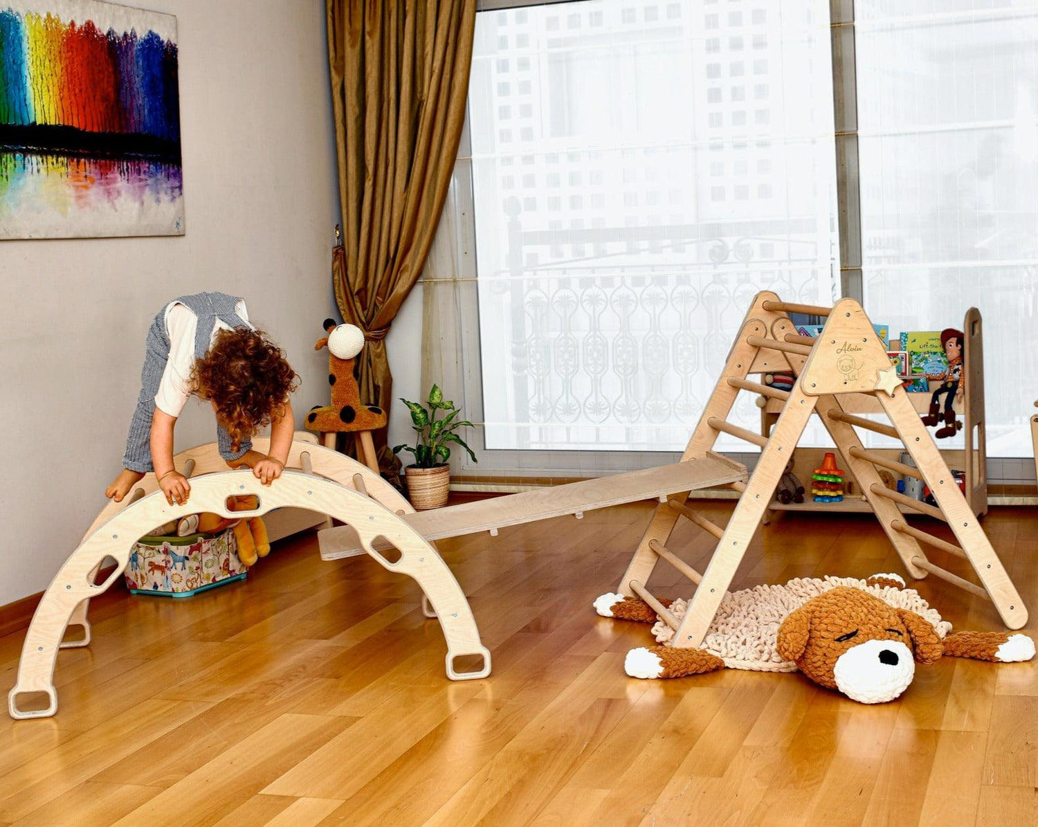 Red Oceanus Montessori climbing set with Pikler triangle, climbing arch, and ramp designed for children&