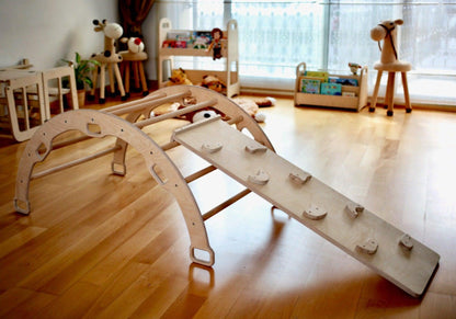 Red Oceanus 3-piece climbing set with triangle arch and ramp for kids&