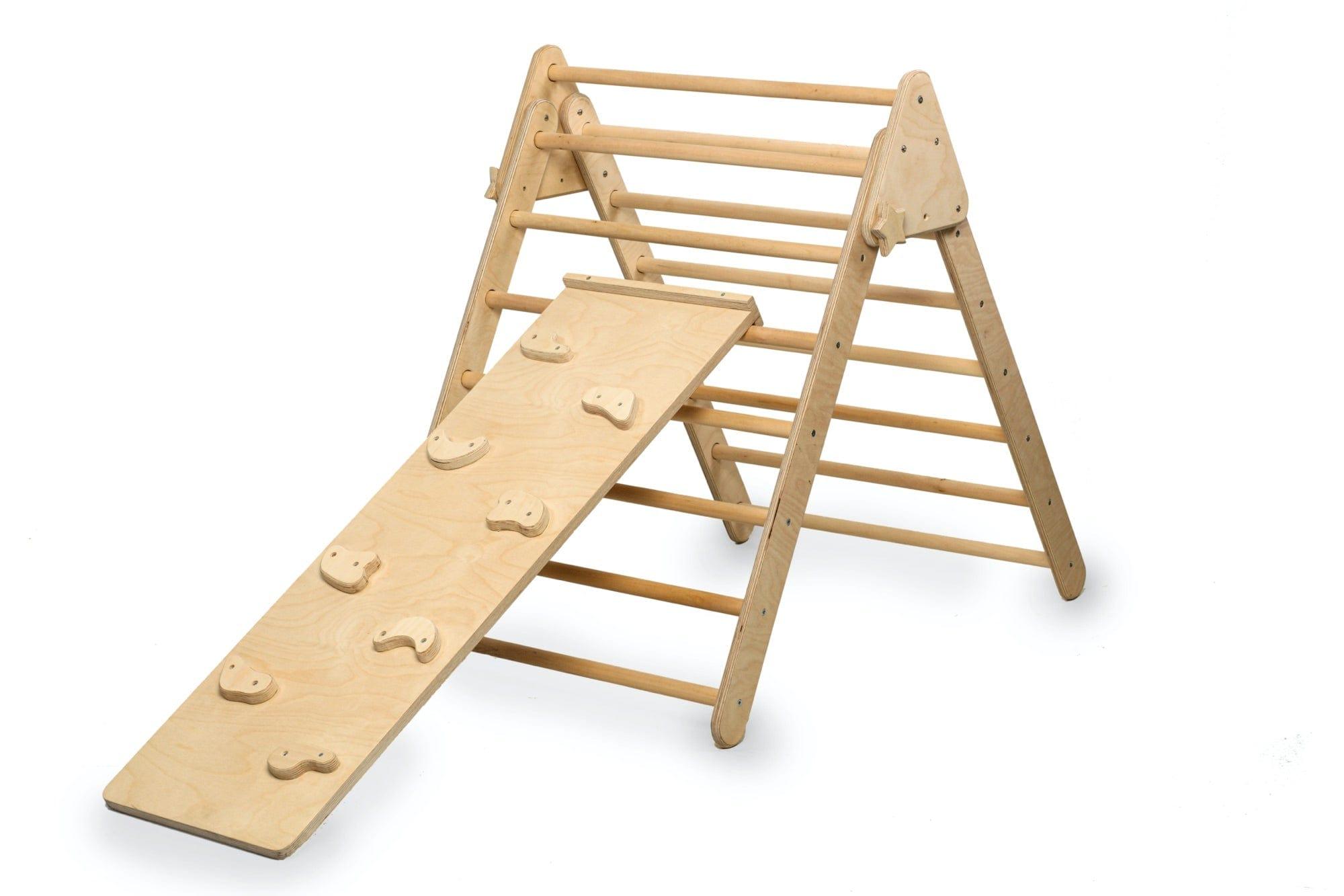 Red Oceanus climbing triangle and ramp set for kids, featuring sturdy wooden furniture designed for safe indoor play.