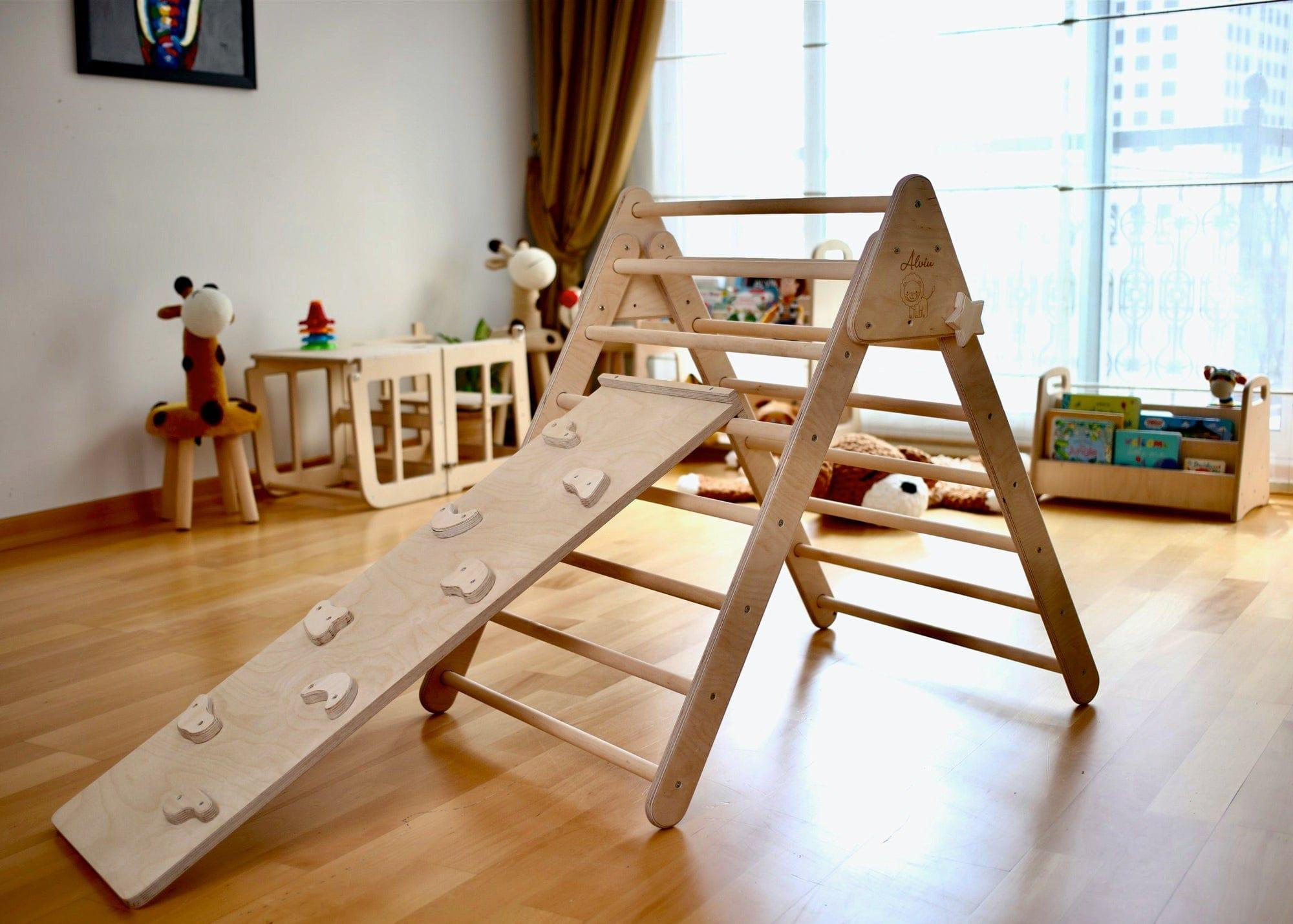 Red Oceanus 2-in-1 climbing triangle and ramp set for kids, showcasing a sturdy wooden furniture piece for active play.