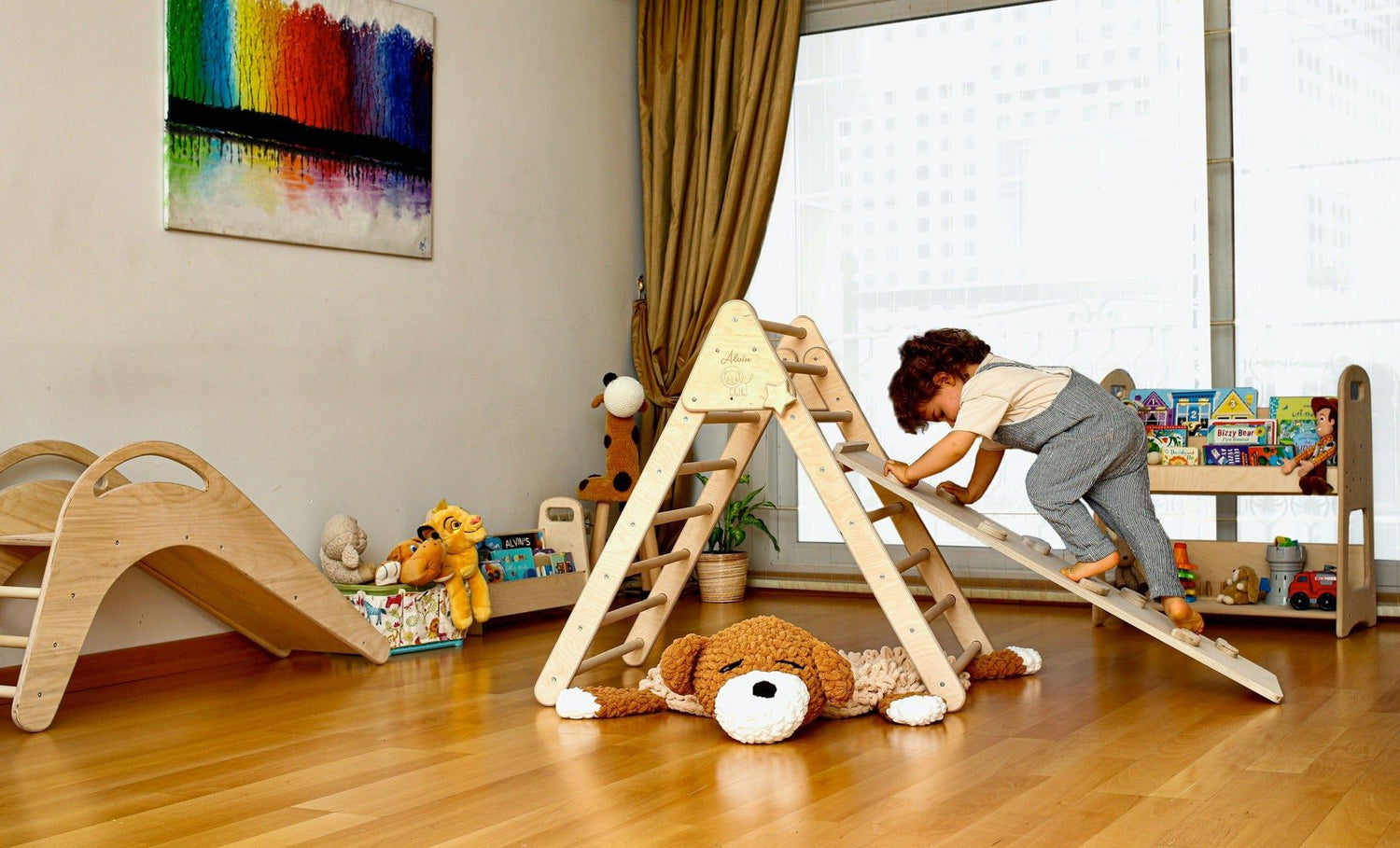 Red Oceanus climbing triangle and ramp set for kids, featuring a sturdy wooden furniture piece for active play and motor skill development.