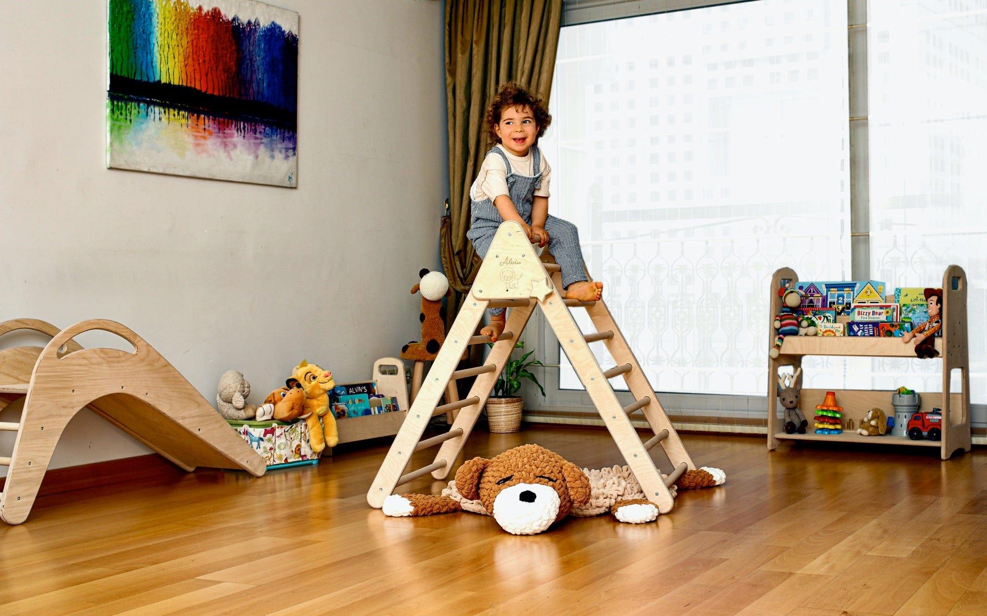 Red Oceanus climbing triangle and ramp set 2-in-1 furniture for kids, showing the versatile wooden climbing toy and play structure.