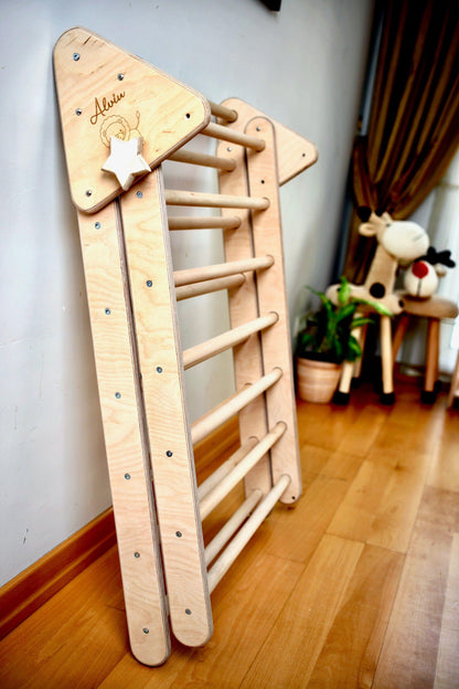 Red Oceanus 2-in-1 climbing triangle and ramp set for kids, featuring colorful wooden furniture for active play and development.