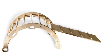 Wooden kid’s arch rocker with ladder ramp, crafted by Red Oceanus, featuring smooth wood finish and playful design for children.