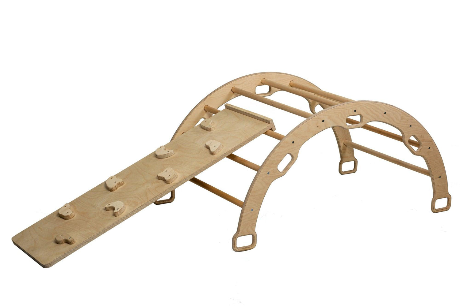 Red Oceanus wooden climbing arch rocker with ramps for kids, featuring a sturdy, natural wood design for active play and climbing fun.
