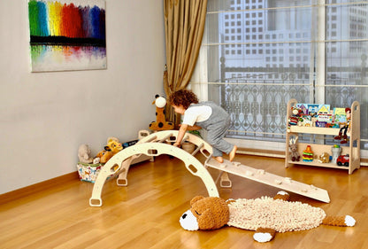 Red Oceanus wooden climbing arch rocker with ramps for kids, featuring a natural wood finish and playful design.