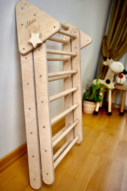 Red Oceanus foldable climbing triangle for kids, showcasing a sturdy wooden furniture piece designed for safe play and activity.