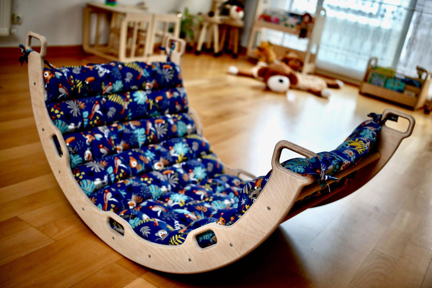 Red Oceanus Montessori climber set including arch, rocker, ramp, and pillow designed for children&