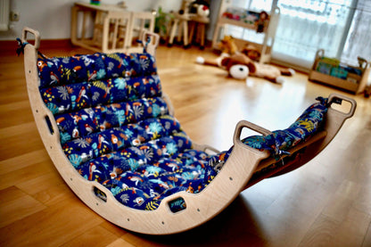 Red Oceanus Montessori climber set including arch, rocker, ramp, and pillow designed for children&